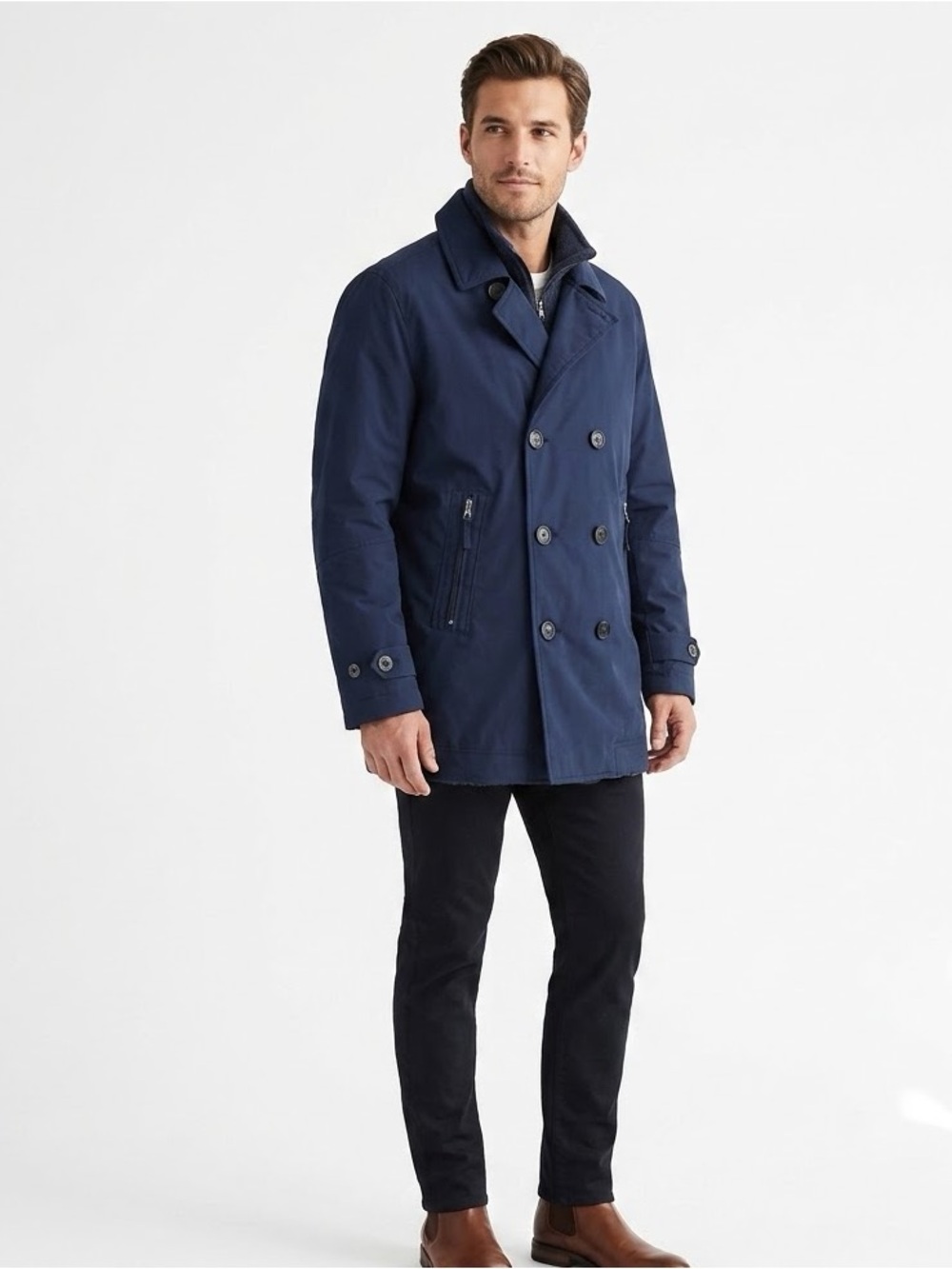 Lands' End Mens Squall Double Breasted Fleece Lined Trench Coat Jacket Navy L
